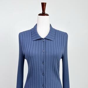 Nordstrom Open Edit Blue Rib Knit Collared Button-Up Long Sleeve Top MEDIUM